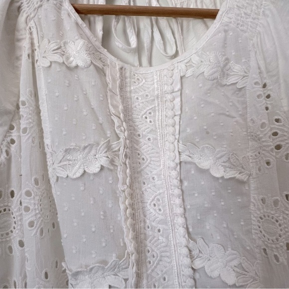 Porridge White Eyelet Embroidery Anglaise Smocked Boho Coastal Back-Tie Top M - Picture 6 of 16